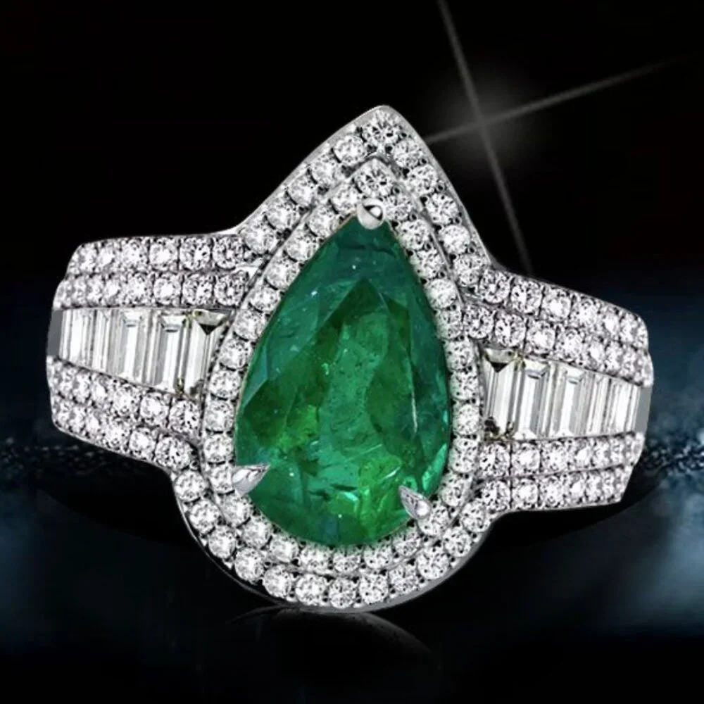 Halo Pear Cut Emerald Green Engagement Ring, size 6 3/4 - Picture 2 of 8